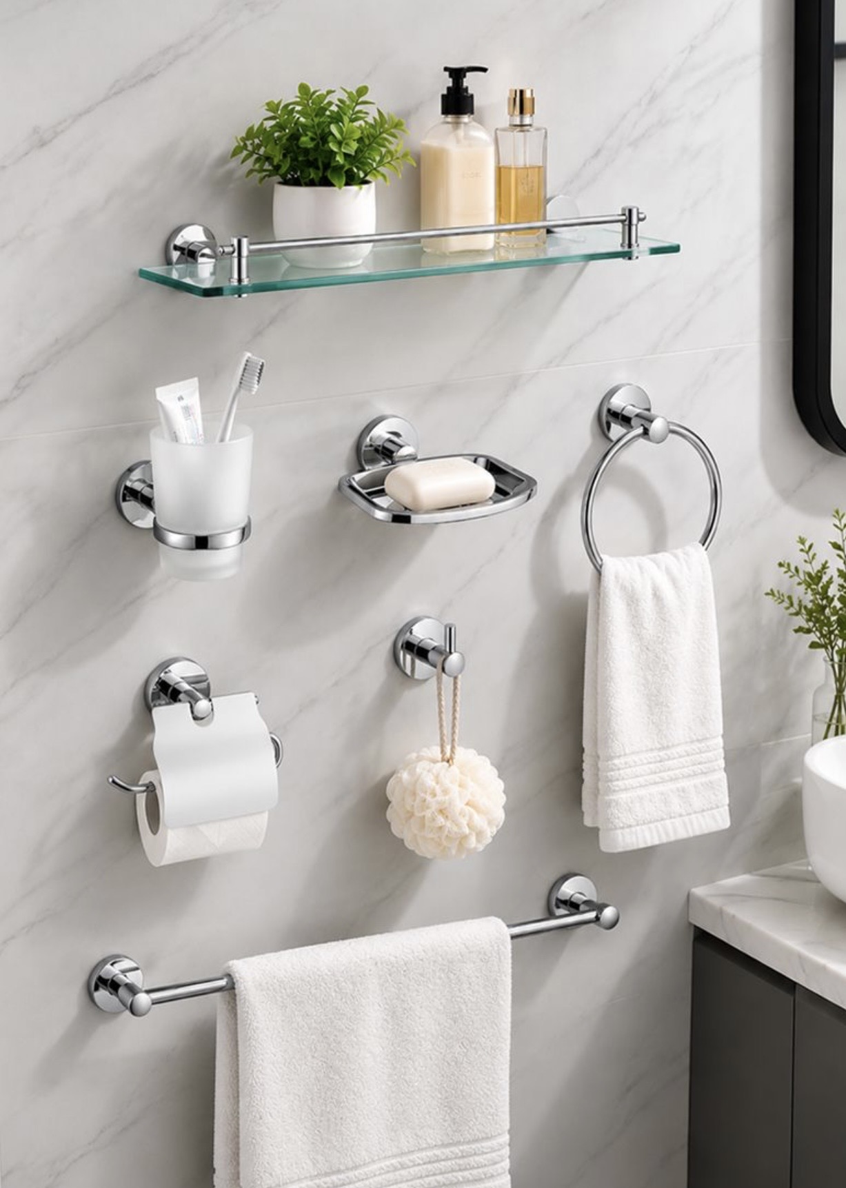 7-Piece Bathroom Accessories Set - Wall-Mounted Bath Set with Towel Bar, Soap Dish, Tumbler Holder, Toilet Paper Holder, Towel Ring, Robe Hook & Glass Shelf