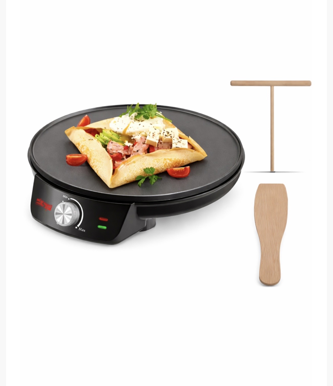 1200W Crepe Maker - Nonstick Electric Pancake Pan with Adjustable Heat Control, Indicator Lights, Wooden Spatula & T-Shaped Stick - 30cm Cooking Plate