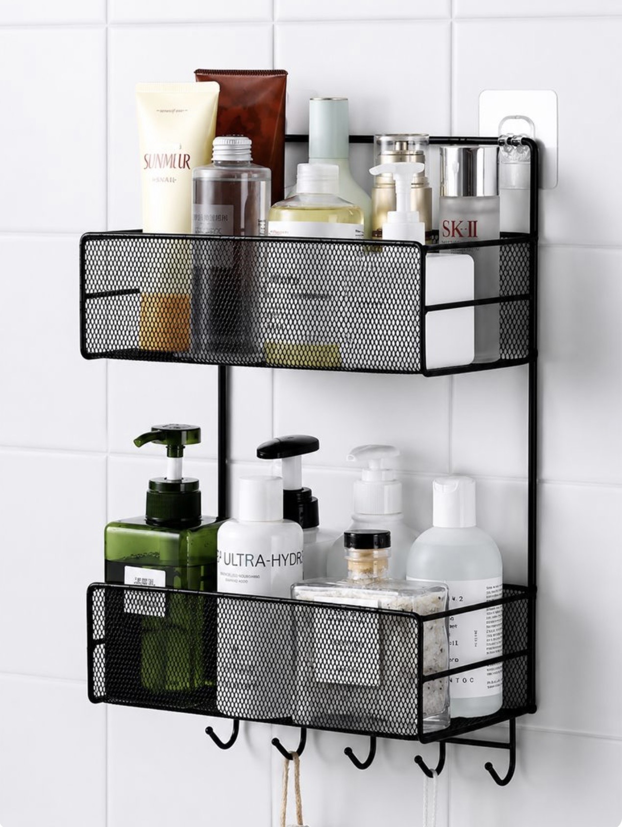 2-Layer Wall Hanging Rack Organizer - Adhesive Iron Storage Baskets with Hooks - (L26 x W13 x H42.5)cm / (L10.2 x W5.1 x H16.7)inch - Black