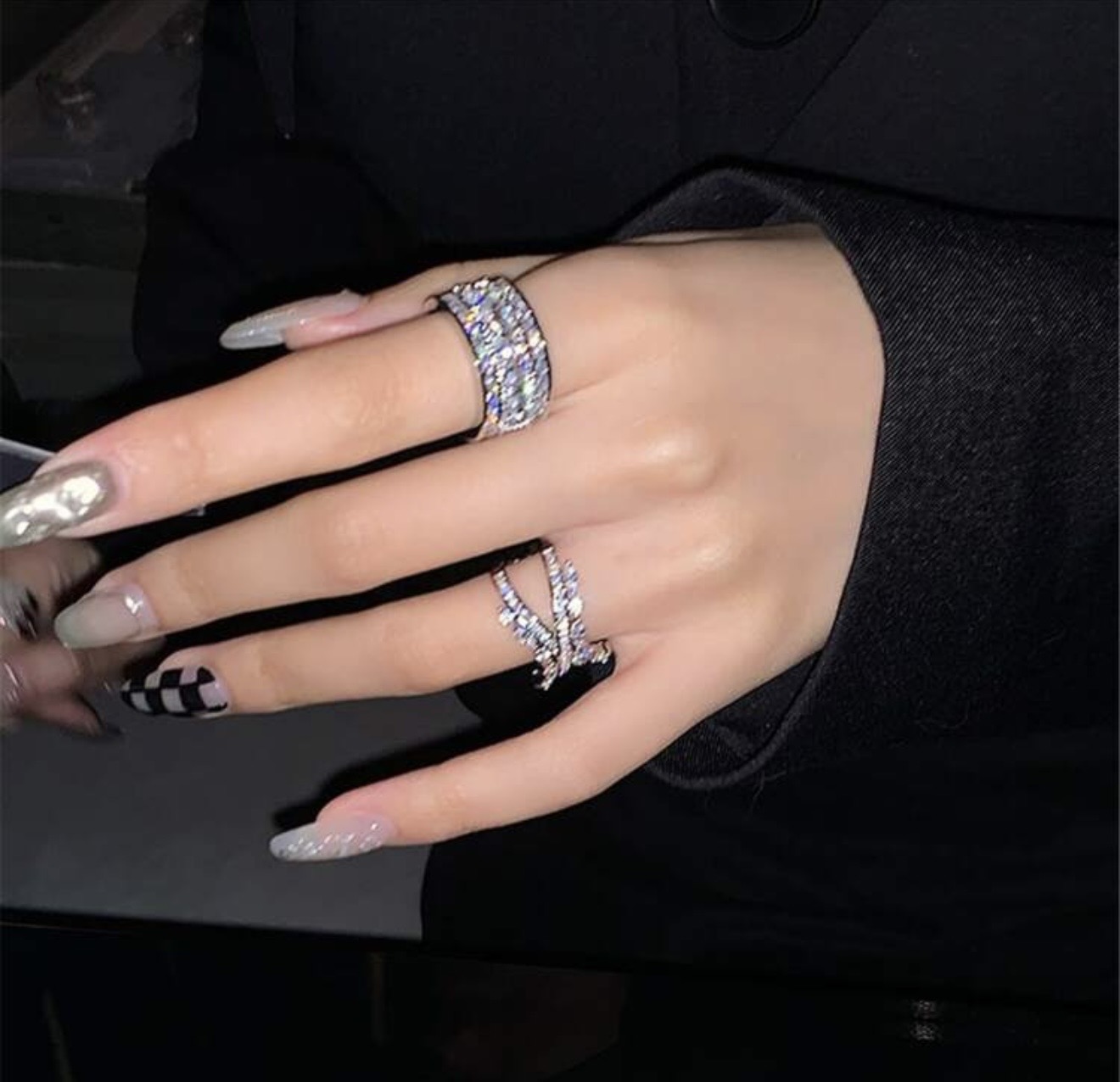 Silver Rhinestone Fashion Ring Set